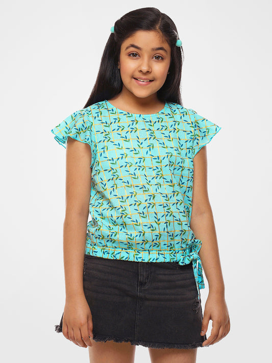 Girls Blue Printed Cotton Top