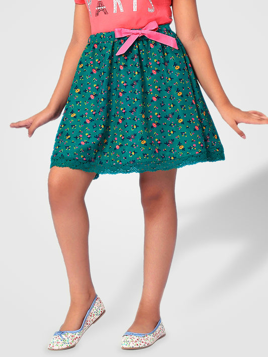 Girls Green Printed Flared Skirt