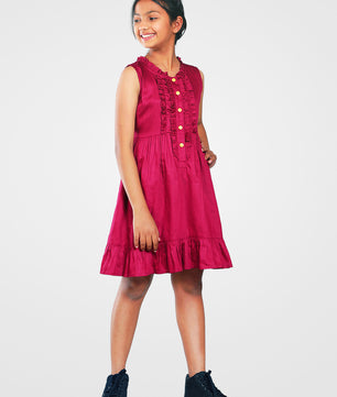 Girls Cotton Satin Dress in Wine Color