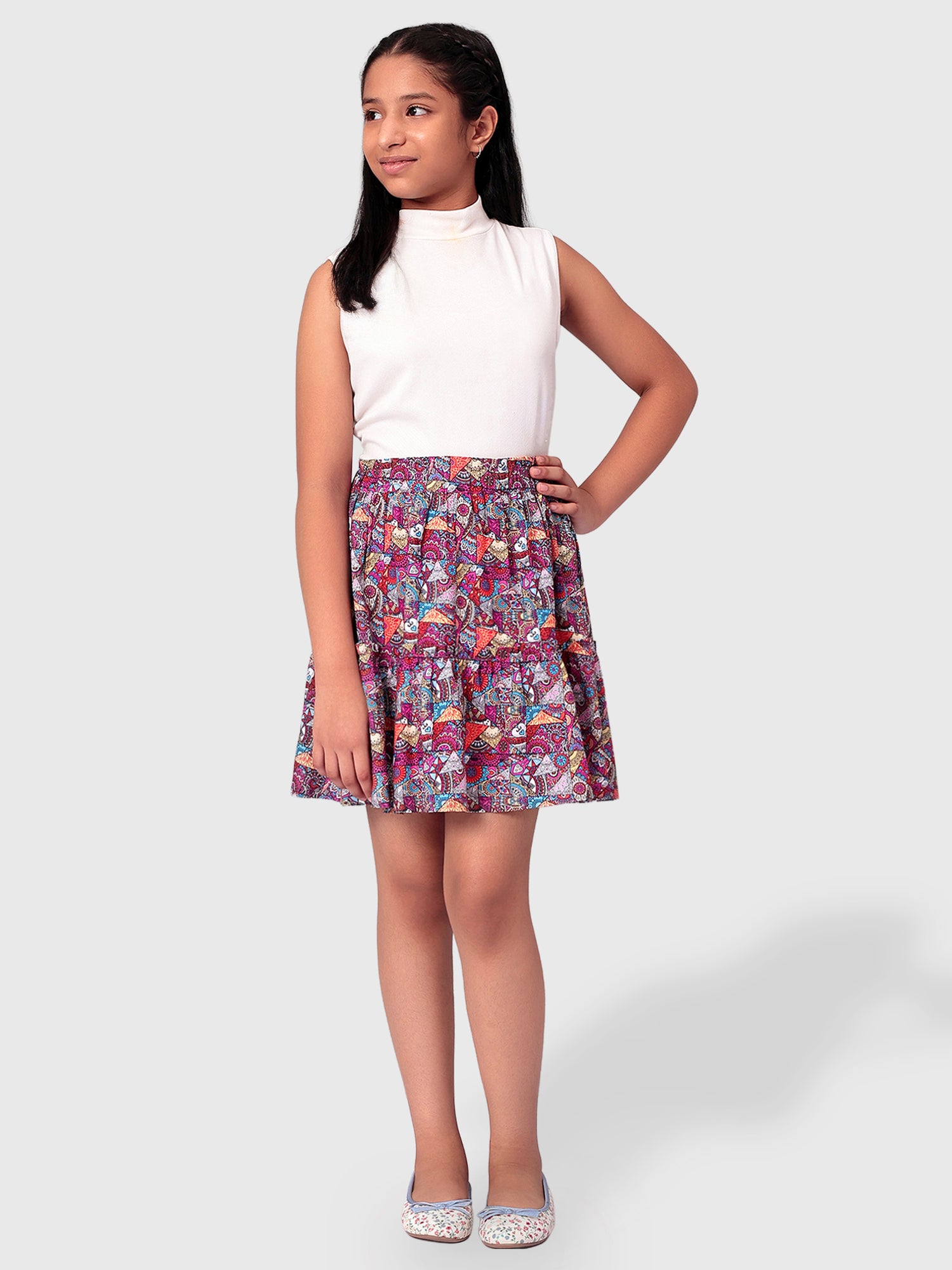 Girls Tiered Skirt in Printed Viscose Rayon