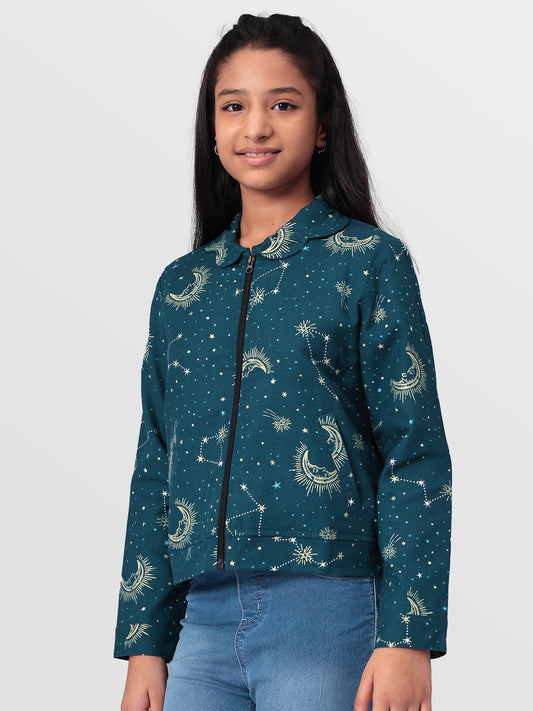 Girls Grey Printed Flannel Jacket