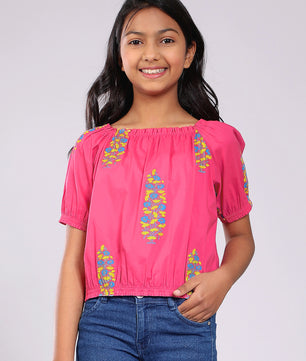 Girls Pink Printed Cotton Top