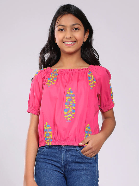 Girls Pink Printed Cotton Top