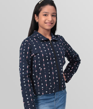 Girls Navy Blue Printed Flannel Jacket