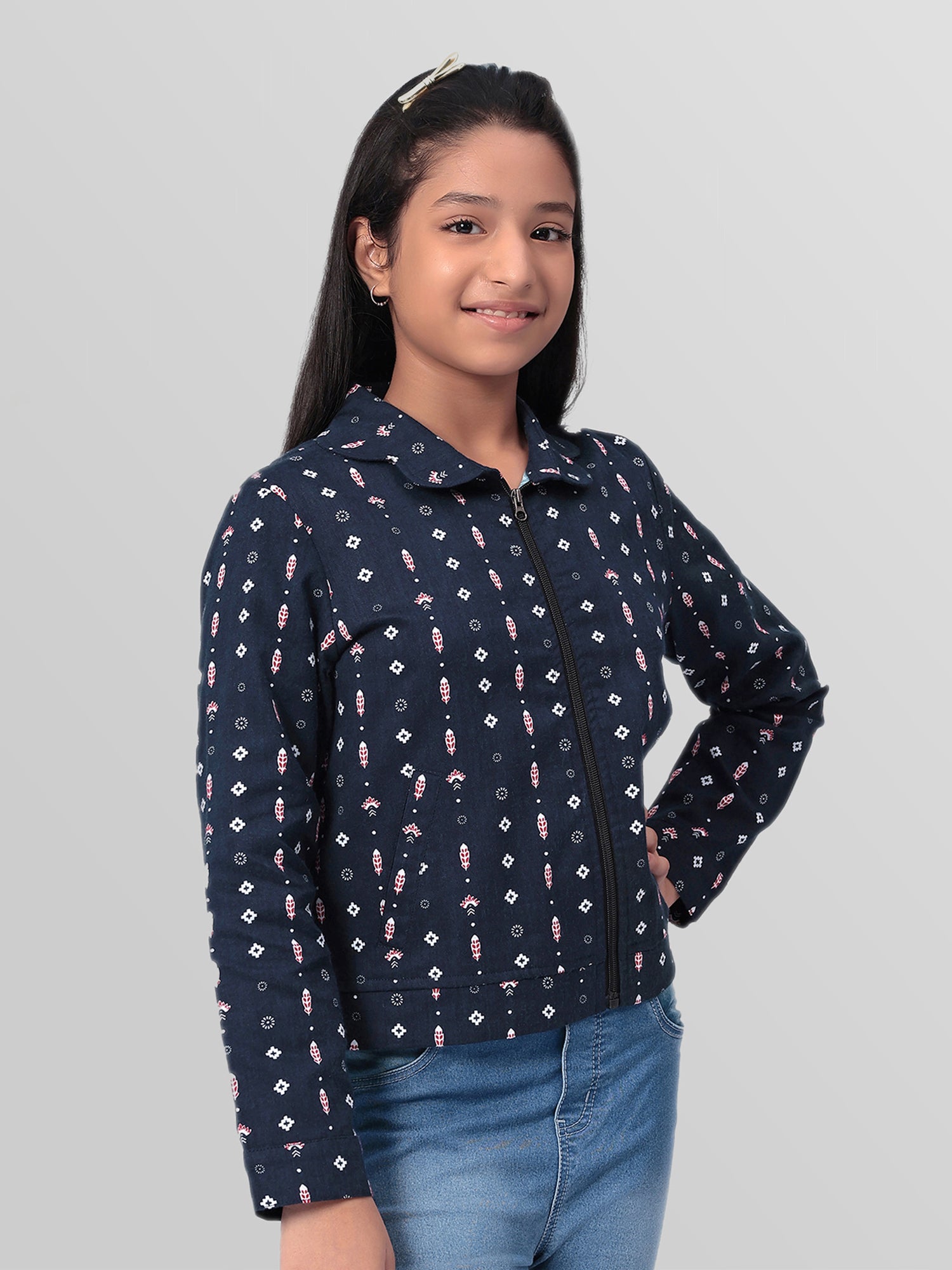 Girls Navy Blue Printed Flannel Jacket
