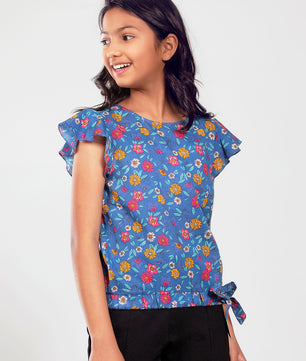 Girls Blue Printed Cotton Top