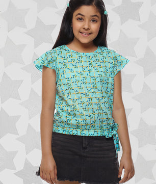 Girls Blue Printed Cotton Top