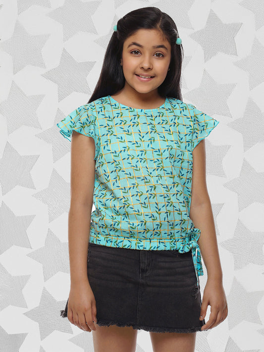 Girls Blue Printed Cotton Top