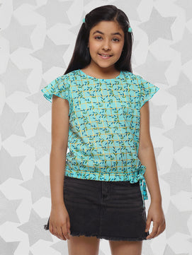 Girls Blue Printed Cotton Top