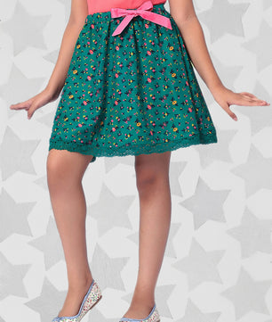 Girls Green Printed Flared Skirt