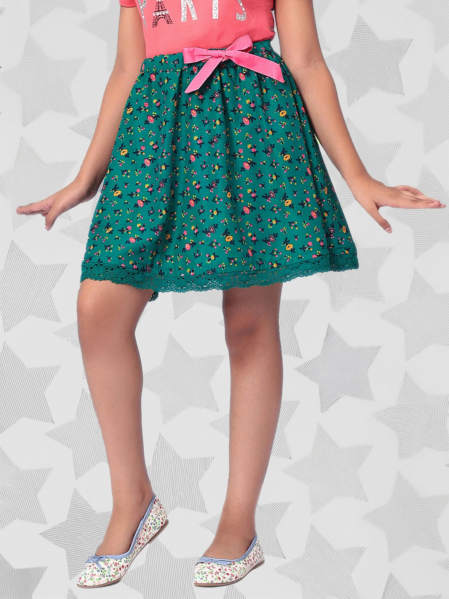 Girls Green Printed Flared Skirt