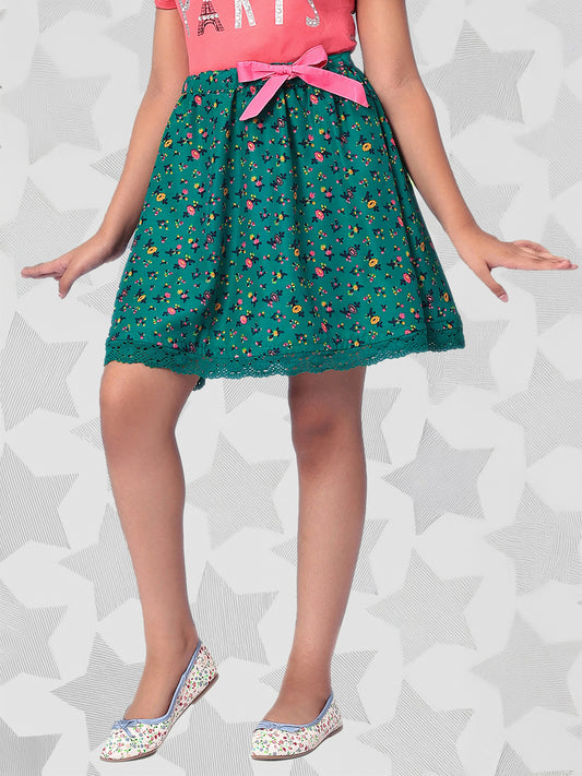 Girls Green Printed Flared Skirt