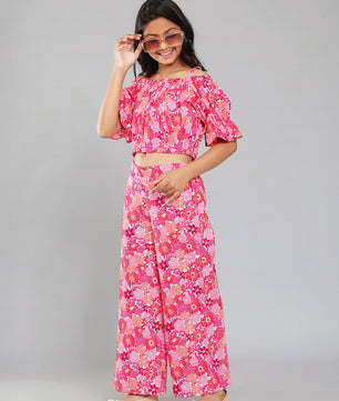 Girls Multicolored Printed Cotton Top and Palazzo Set