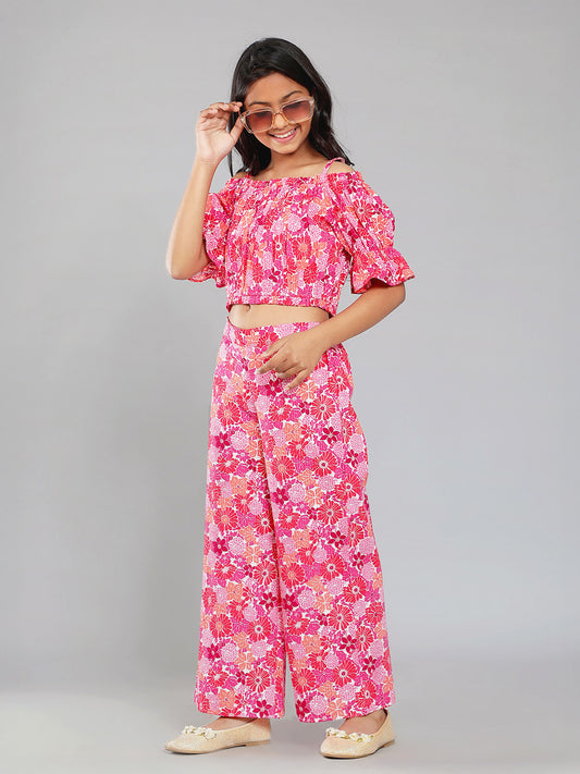 Girls Multicolored Printed Cotton Top and Palazzo Set