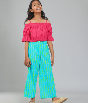 Girls Pink and Green Cotton Top & Palazzo Set