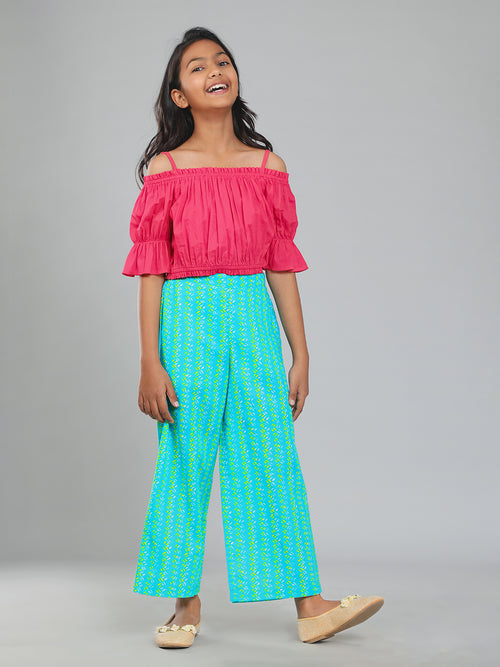 Girls Pink and Green Cotton Top & Palazzo Set