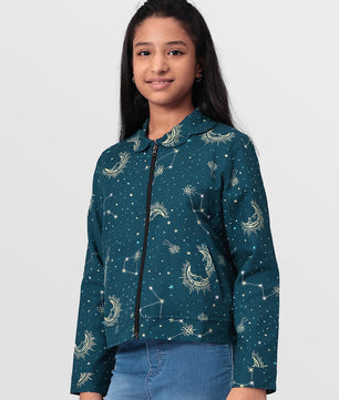 Girls Grey Printed Flannel Jacket