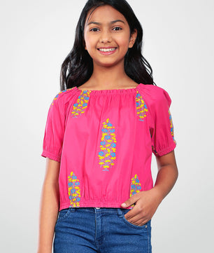 Girls Pink Printed Cotton Top