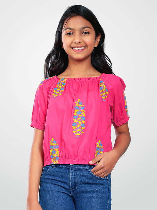 Girls Pink Printed Cotton Top