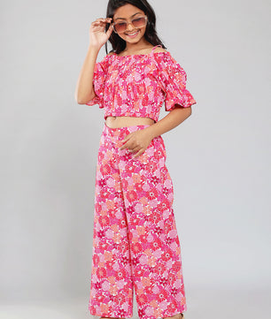 Girls Multicolored Printed Cotton Top and Palazzo Set