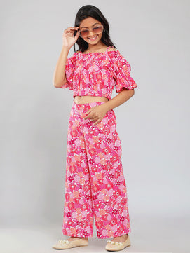 Girls Multicolored Printed Cotton Top and Palazzo Set