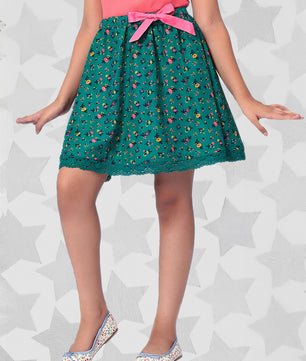 Girls Green Printed Flared Skirt