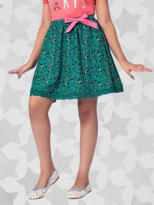 Girls Green Printed Flared Skirt