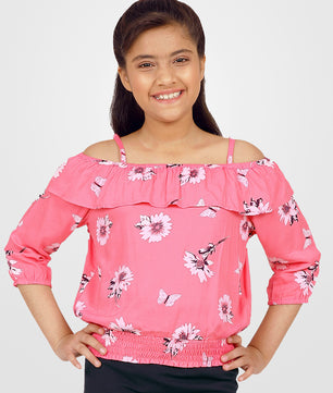 Girls Pink Printed Blouson Top