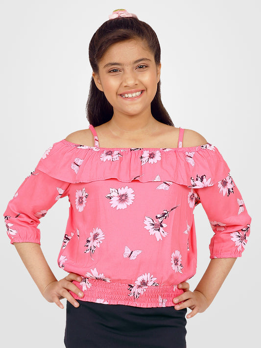 Girls Pink Printed Blouson Top