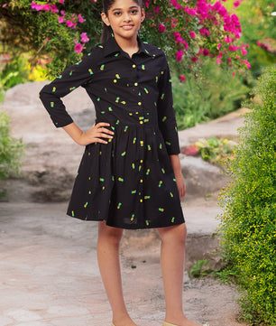 Girls Shirt Style Long Sleeves Dress in Cotton