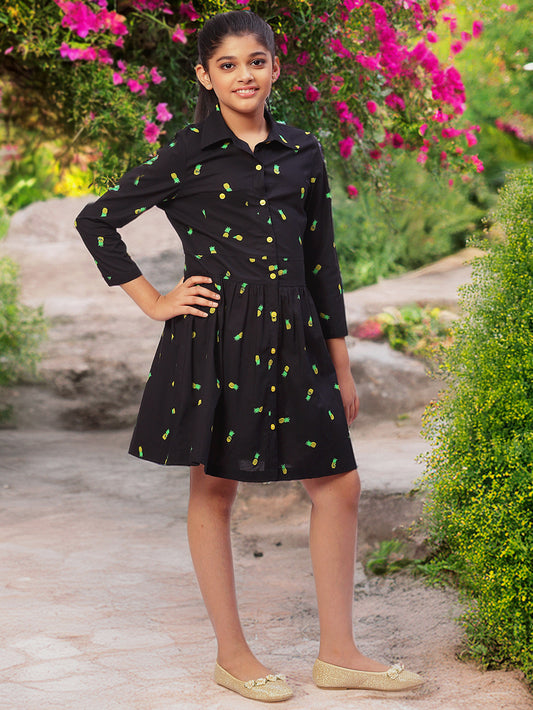 Girls Shirt Style Long Sleeves Dress in Cotton