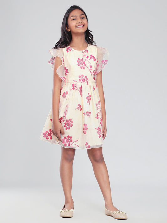 Girls Beige and Magenta Glitter Dress with Ruffles