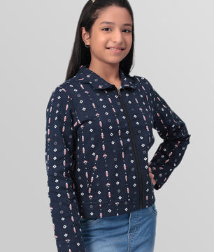 Girls Navy Blue Printed Flannel Jacket