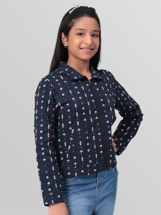 Girls Navy Blue Printed Flannel Jacket