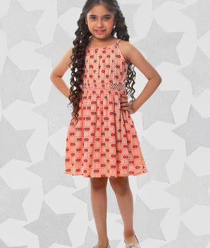 Girls Printed Cotton Dress in Peach Color