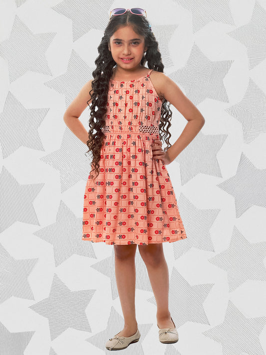 Girls Printed Cotton Dress in Peach Color