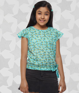 Girls Blue Printed Cotton Top