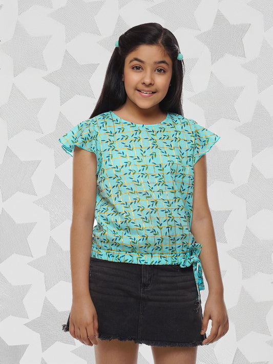 Girls Blue Printed Cotton Top