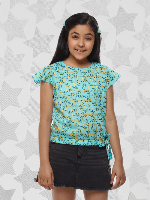 Girls Blue Printed Cotton Top