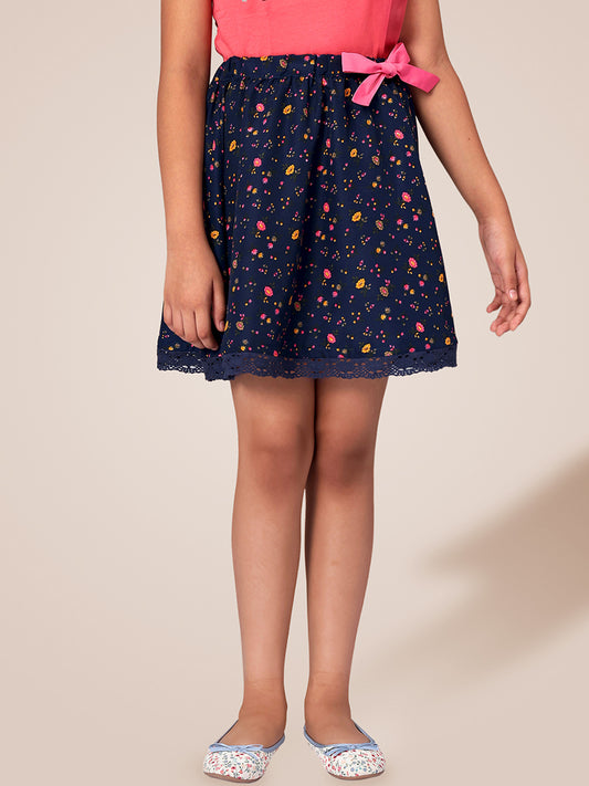 Girls Blue Printed Flared Skirt