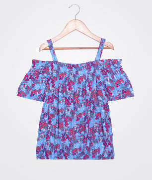 Girls Cold Shoulder Top in Blue Printed Rayon