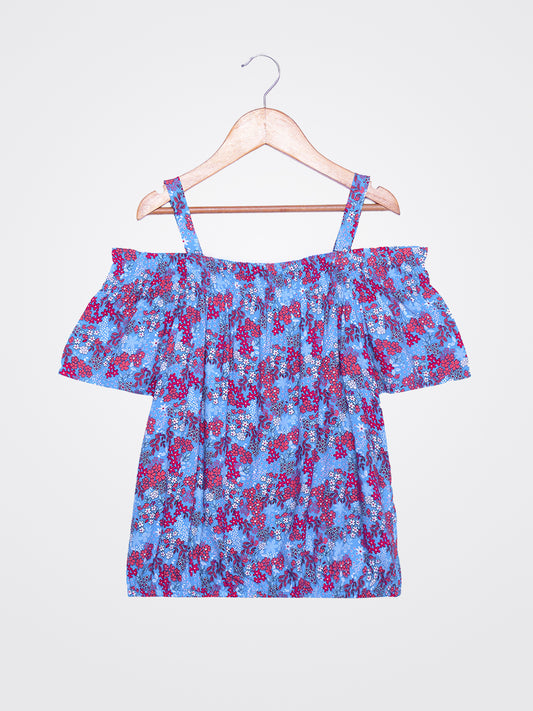 Girls Cold Shoulder Top in Blue Printed Rayon