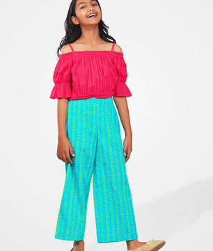 Girls Pink and Green Cotton Top & Palazzo Set