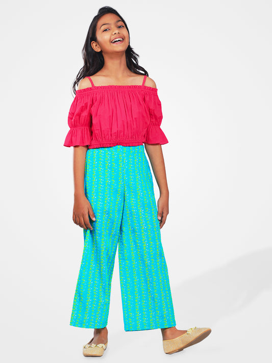 Girls Pink and Green Cotton Top & Palazzo Set