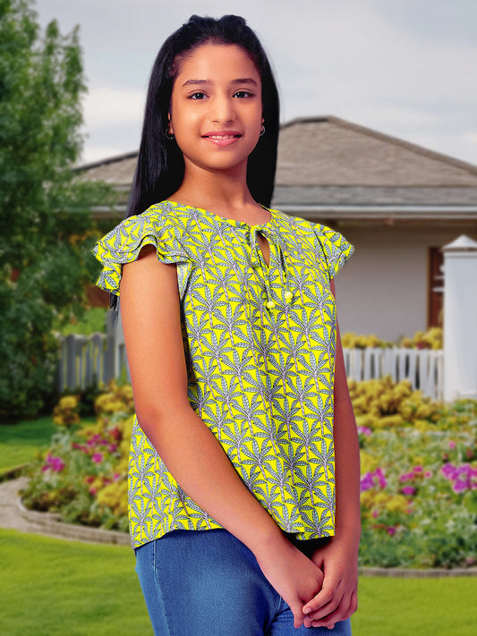 Girls Lemon Yellow Printed Cotton Top