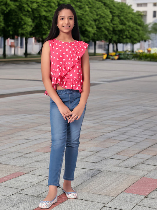 Girls Pink Polka Dotted Georgette Top