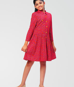 Girls Shirt Style Long Sleeves Dress in Rayon