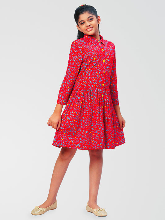 Girls Shirt Style Long Sleeves Dress in Rayon