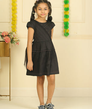 Girls Cotton Satin Dress in Black Color