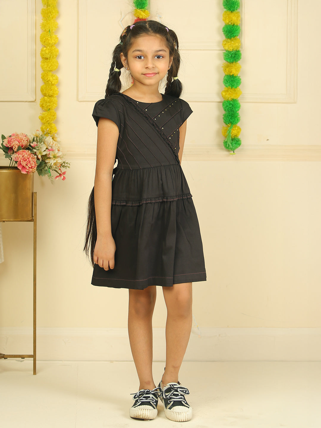 Girls Cotton Satin Dress in Black Color